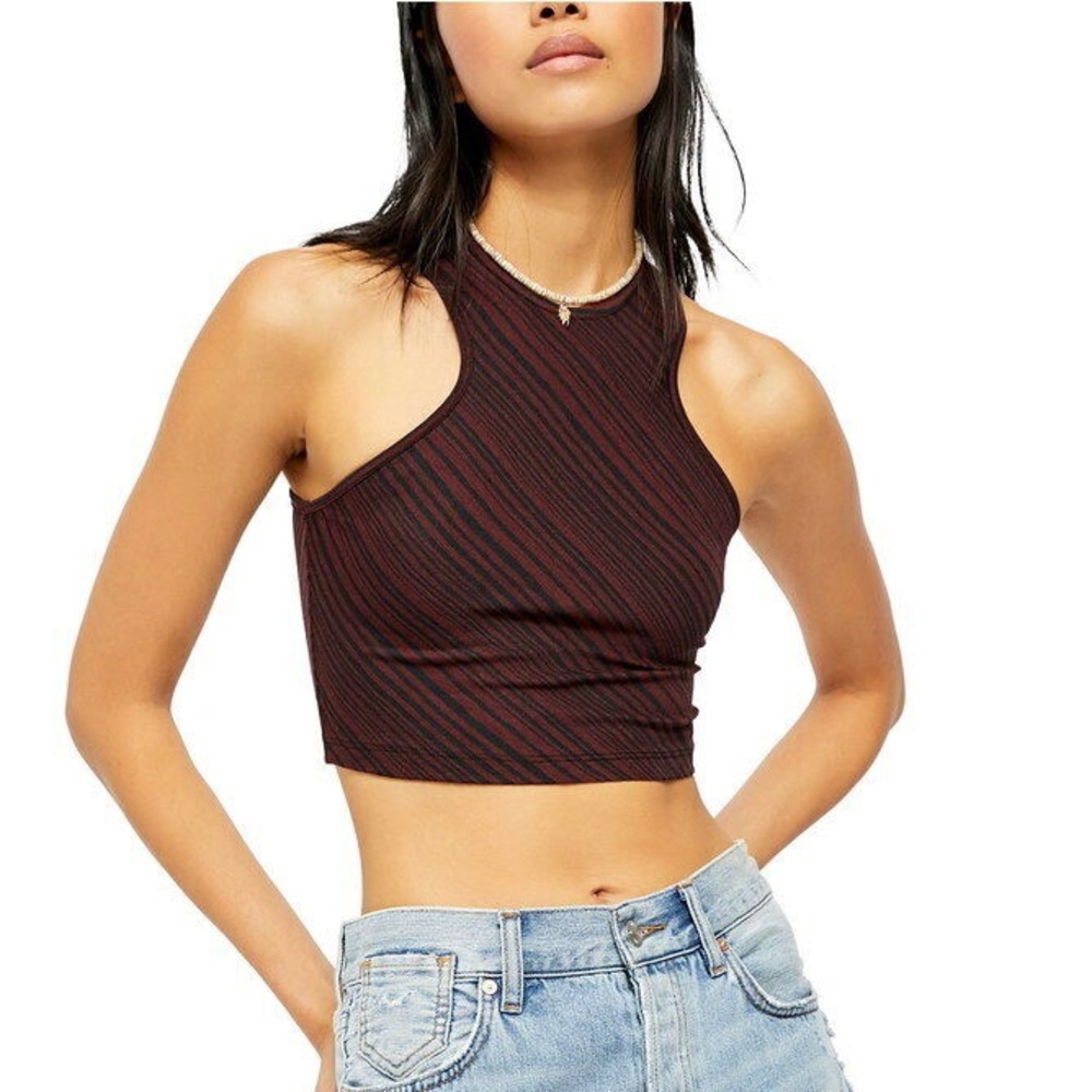 Free People Red and Black Diagonal Stripe Tessa Cropped Tank Top Size XS